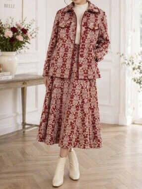 Vintage Penny Japanese Wool Blend Skirt Set 2 Piece Jacquard Blazer Set S